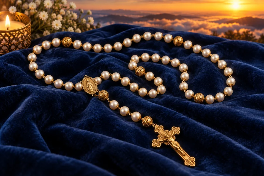 Rosario de perlas blancas y crucifijo dorado junto a una vela, sobre terciopelo azul