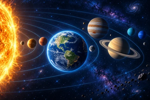 La Tierra, Saturno y otros planetas iluminados por el Sol, entre órbitas azules
